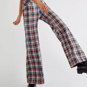 Free People Cristina Low-Rise Flare Plaid Pants